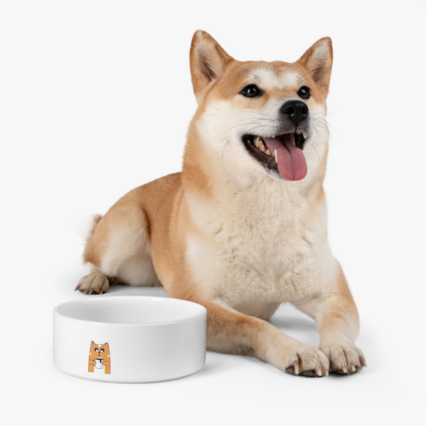 Ceramic Pet Bowl with Cute Shiba Inu Drinking Design — Small Dog & Cat Feeding Dish